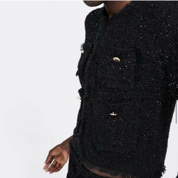 Zara Black Metallic Tweed Thread Knit Cardigan Jacket. - Picture 4 of 10